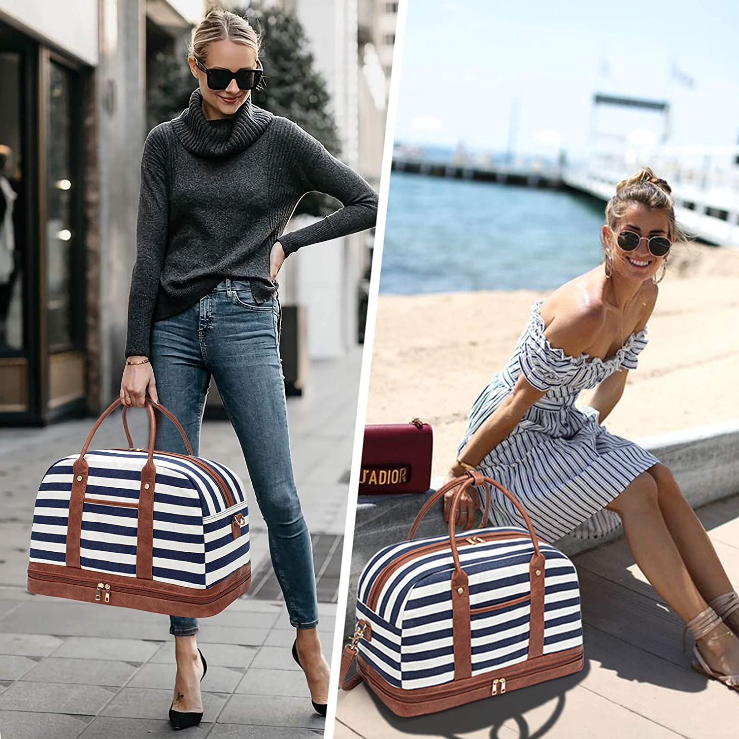 Canvas Overnight Large Travel Bags with Shoe Compartment(Blue Striped)