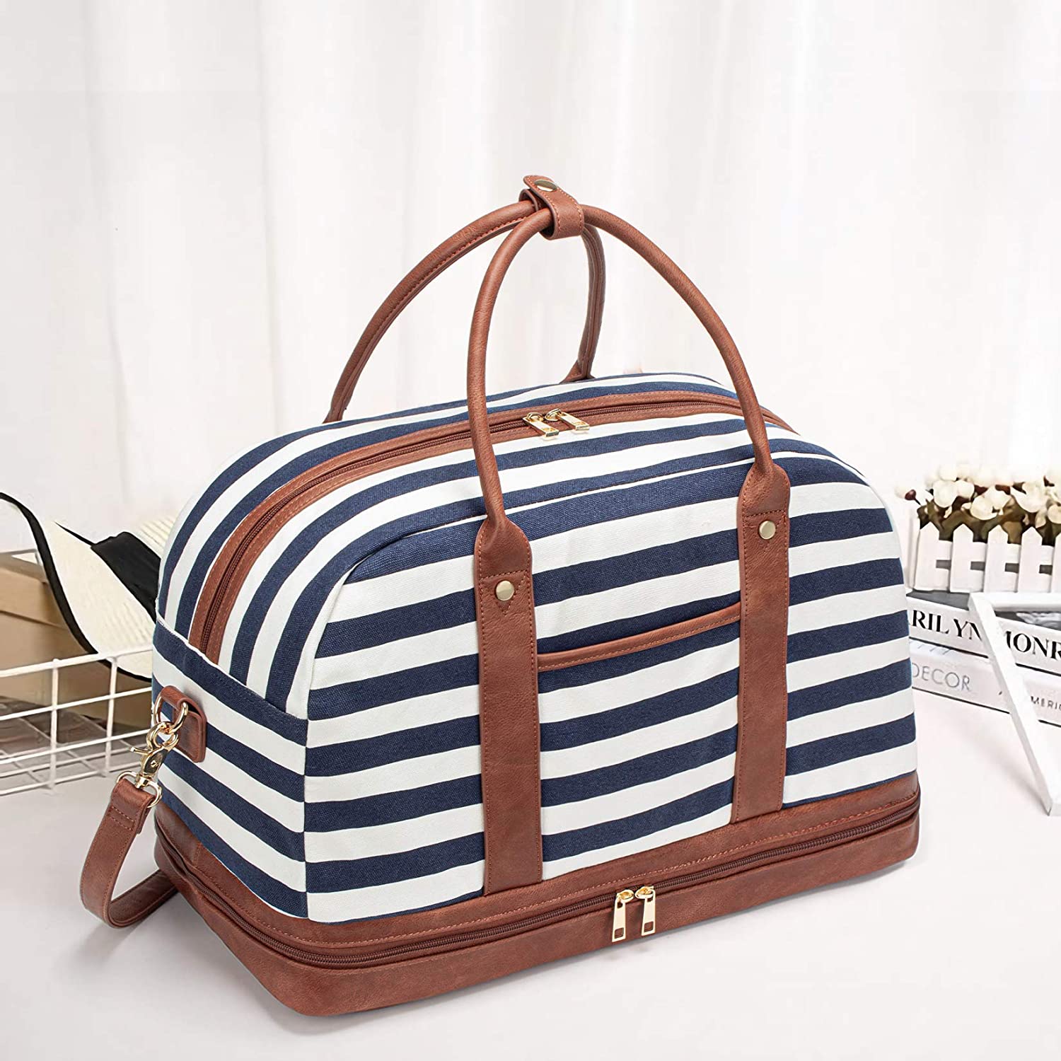 Canvas Overnight Large Travel Bags with Shoe Compartment(Blue Striped)