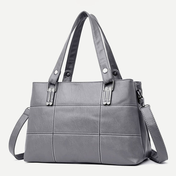 Triple Compartment Women Leather Tote Shoulder Handbag with Crossbody Strap